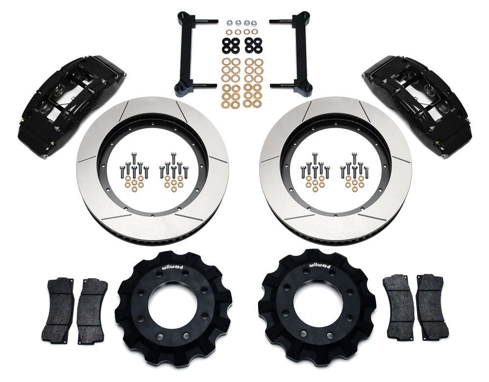 Wilwood TC6R Big Brake Truck Front Brake Kit Parts Laid Out - Black Powder Coat Caliper - GT Slotted Rotor