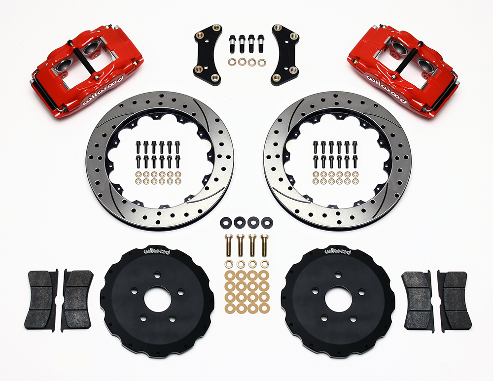 Wilwood Forged Superlite 4 Big Brake Front Brake Kit (Hat) Parts Laid Out - Red Powder Coat Caliper - SRP Drilled & Slotted Rotor