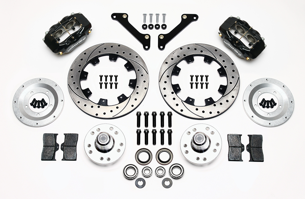 Wilwood Forged Dynalite Big Brake Front Brake Kit (Hub) Parts Laid Out - Black Powder Coat Caliper - SRP Drilled & Slotted Rotor