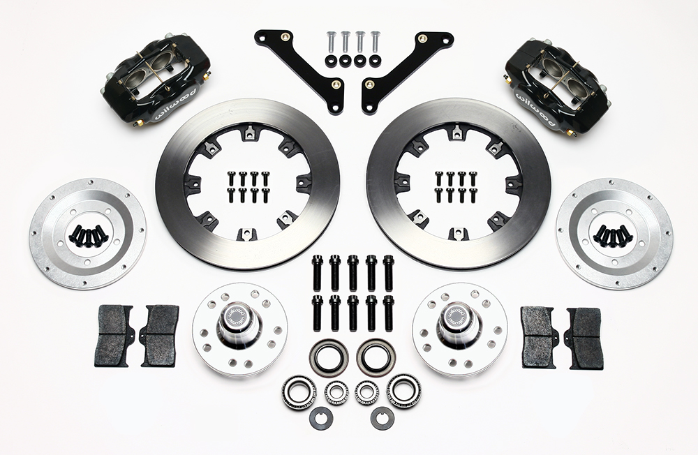 Wilwood Forged Dynalite Big Brake Front Brake Kit (Hub) Parts Laid Out - Black Powder Coat Caliper - Plain Face Rotor