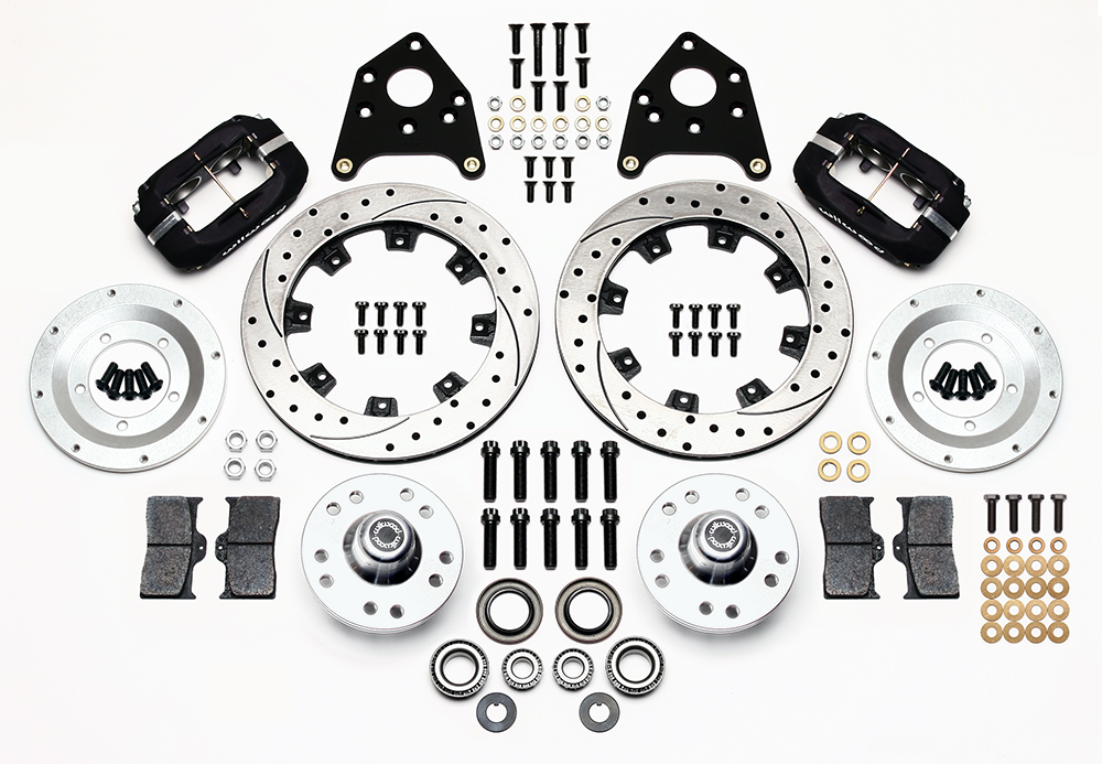 Wilwood Forged Dynalite Pro Series Front Brake Kit Parts Laid Out - Type III Anodize Caliper - SRP Drilled & Slotted Rotor