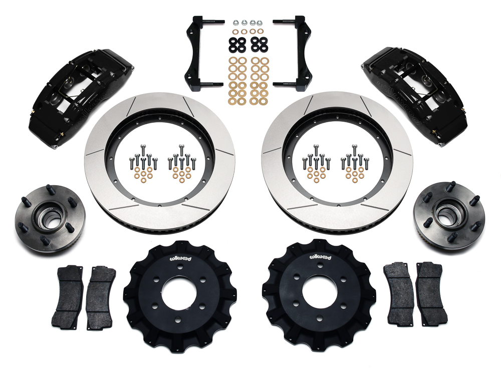 Wilwood TC6R Big Brake Truck Front Brake Kit Parts Laid Out - Black Powder Coat Caliper - GT Slotted Rotor