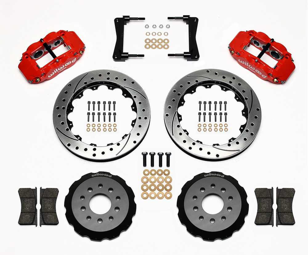 Wilwood Forged Narrow Superlite 6R Big Brake Front Brake Kit (Hat) Parts Laid Out - Red Powder Coat Caliper - SRP Drilled & Slotted Rotor