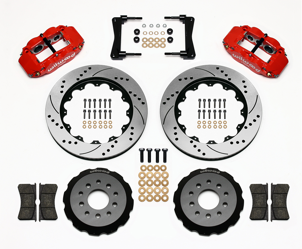 Wilwood Forged Narrow Superlite 6R Big Brake Front Brake Kit (Hat) Parts Laid Out - Red Powder Coat Caliper - SRP Drilled & Slotted Rotor