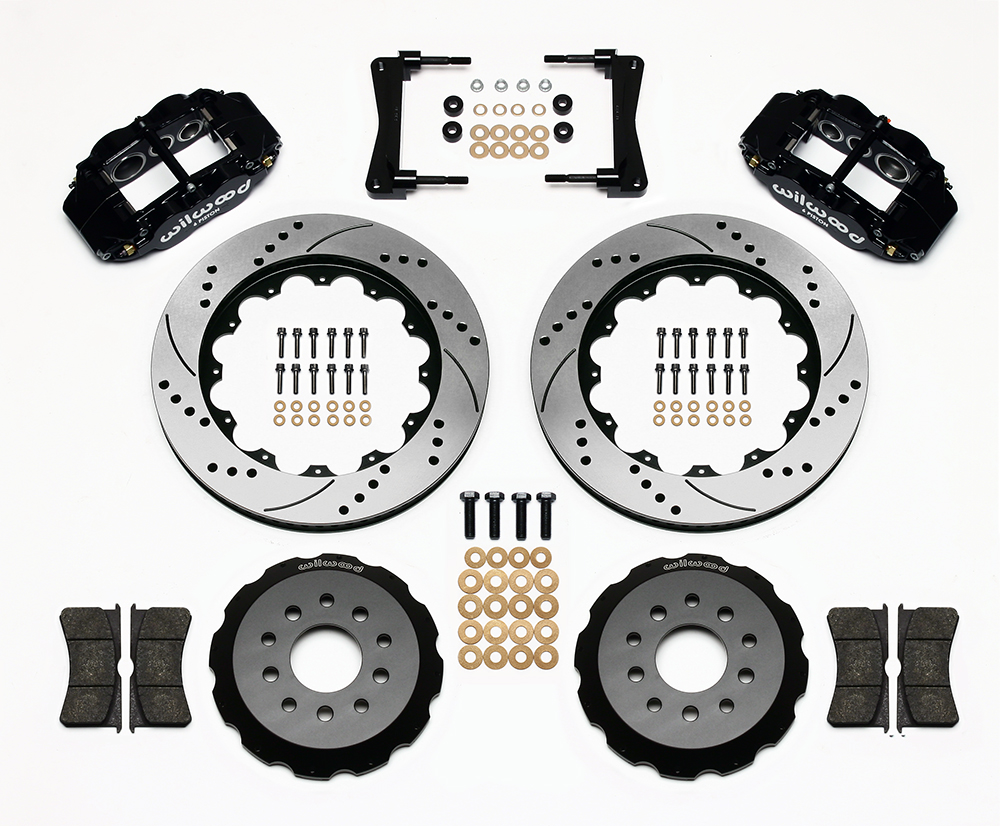 Wilwood Forged Narrow Superlite 6R Big Brake Front Brake Kit (Hat) Parts Laid Out - Black Powder Coat Caliper - SRP Drilled & Slotted Rotor