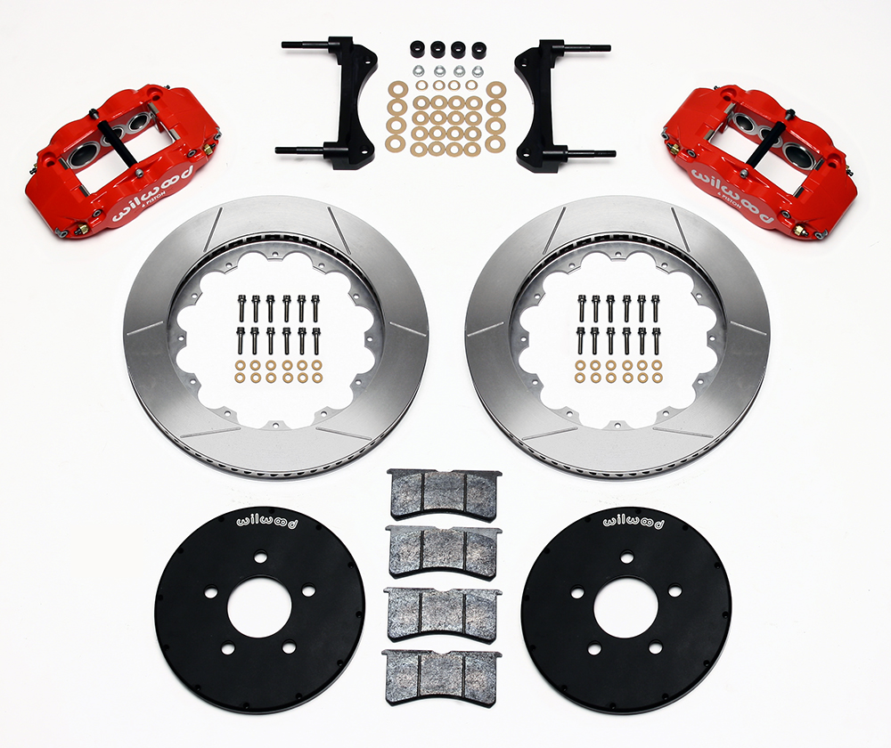 Wilwood Forged Narrow Superlite 6R Big Brake Front Brake Kit (Hat) Parts Laid Out - Red Powder Coat Caliper - GT Slotted Rotor