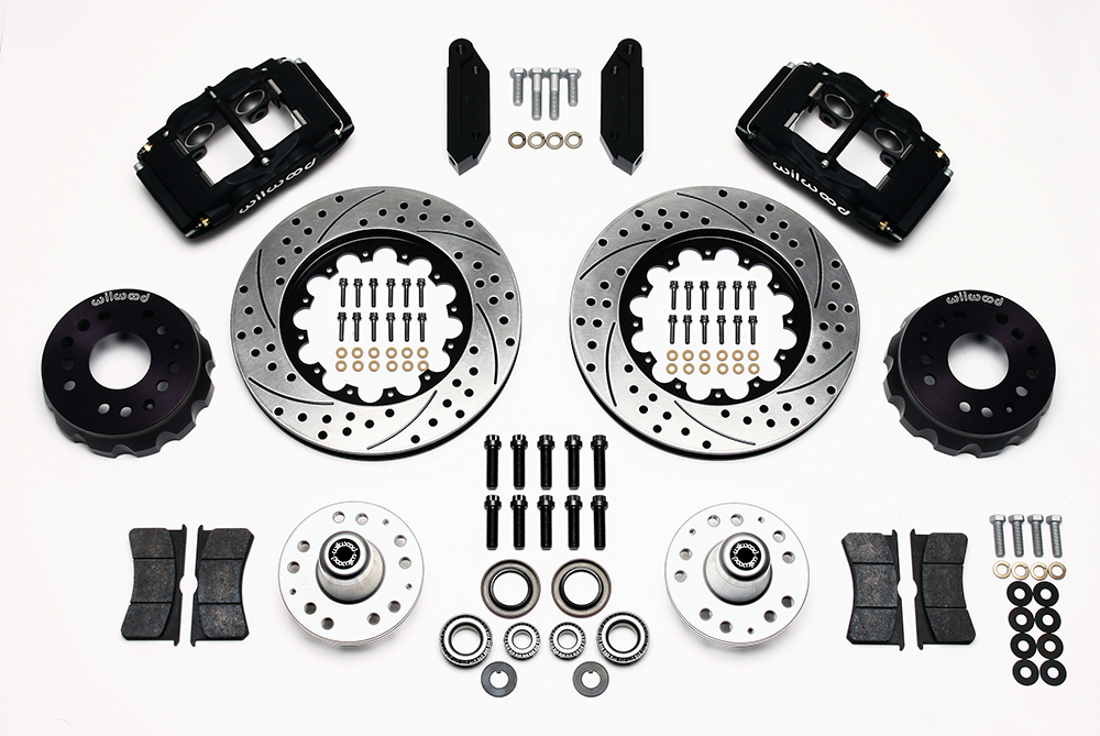 Wilwood Forged Superlite 4 Big Brake Front Brake Kit (Hub) Parts Laid Out - Type III Anodize Caliper - SRP Drilled & Slotted Rotor