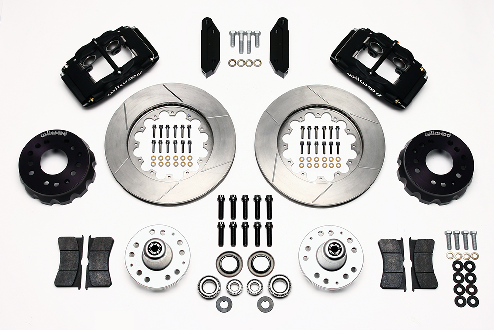 Wilwood Forged Superlite 4 Big Brake Front Brake Kit (Hub) Parts Laid Out - Type III Anodize Caliper - GT Slotted Rotor