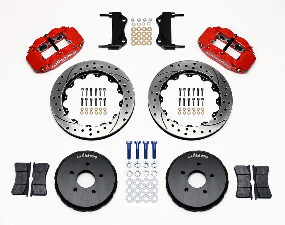 Wilwood Forged Narrow Superlite 6R Big Brake Front Brake Kit (Hat) Parts Laid Out - Red Powder Coat Caliper - SRP Drilled & Slotted Rotor