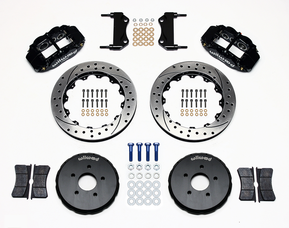 Wilwood Forged Narrow Superlite 6R Big Brake Front Brake Kit (Hat) Parts Laid Out - Black Powder Coat Caliper - SRP Drilled & Slotted Rotor