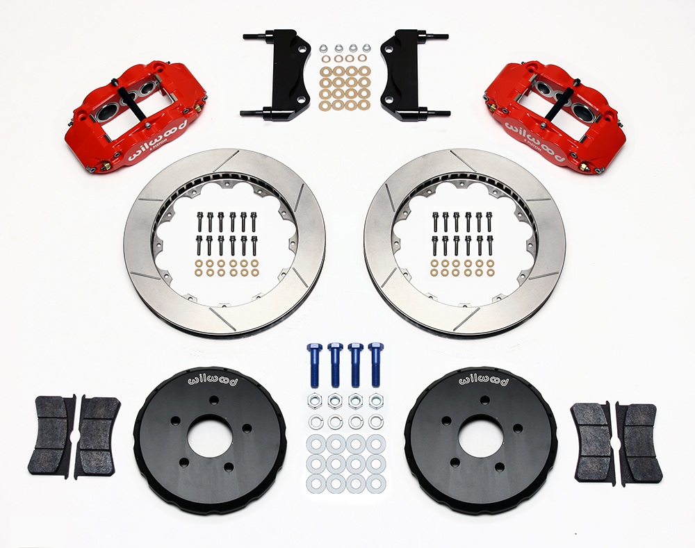 Wilwood Forged Narrow Superlite 6R Big Brake Front Brake Kit (Hat) Parts Laid Out - Red Powder Coat Caliper - GT Slotted Rotor