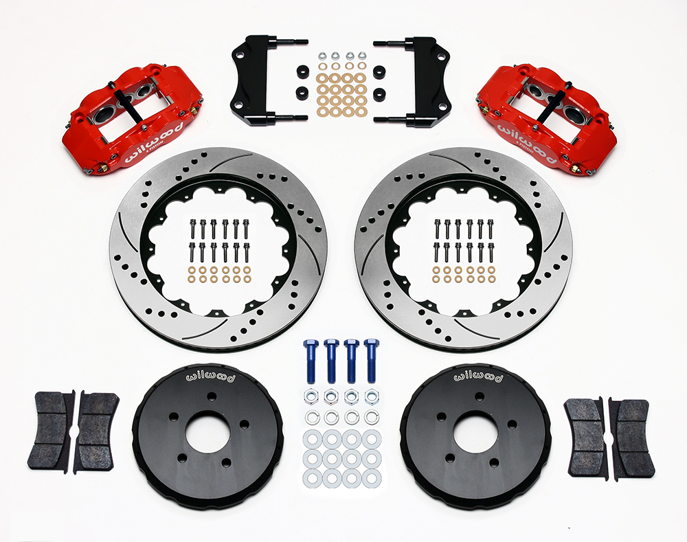 Wilwood Forged Narrow Superlite 6R Big Brake Front Brake Kit (Hat) Parts Laid Out - Red Powder Coat Caliper - SRP Drilled & Slotted Rotor