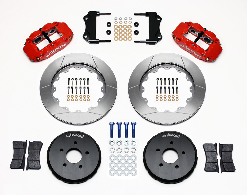 Wilwood Forged Narrow Superlite 6R Big Brake Front Brake Kit (Hat) Parts Laid Out - Red Powder Coat Caliper - GT Slotted Rotor