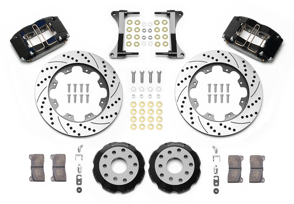 Wilwood Dynapro Radial Big Brake Front Brake Kit (Hat) Parts Laid Out - Black Powder Coat Caliper - SRP Drilled & Slotted Rotor