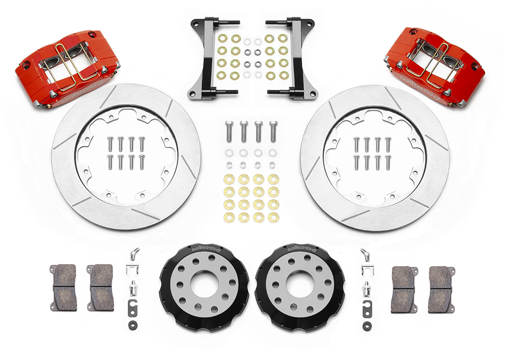 Wilwood Dynapro Radial Big Brake Front Brake Kit (Hat) Parts Laid Out - Red Powder Coat Caliper - GT Slotted Rotor