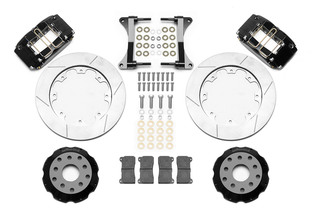 Wilwood Dynapro Radial Big Brake Front Brake Kit (Hat) Parts Laid Out - Black Powder Coat Caliper - GT Slotted Rotor