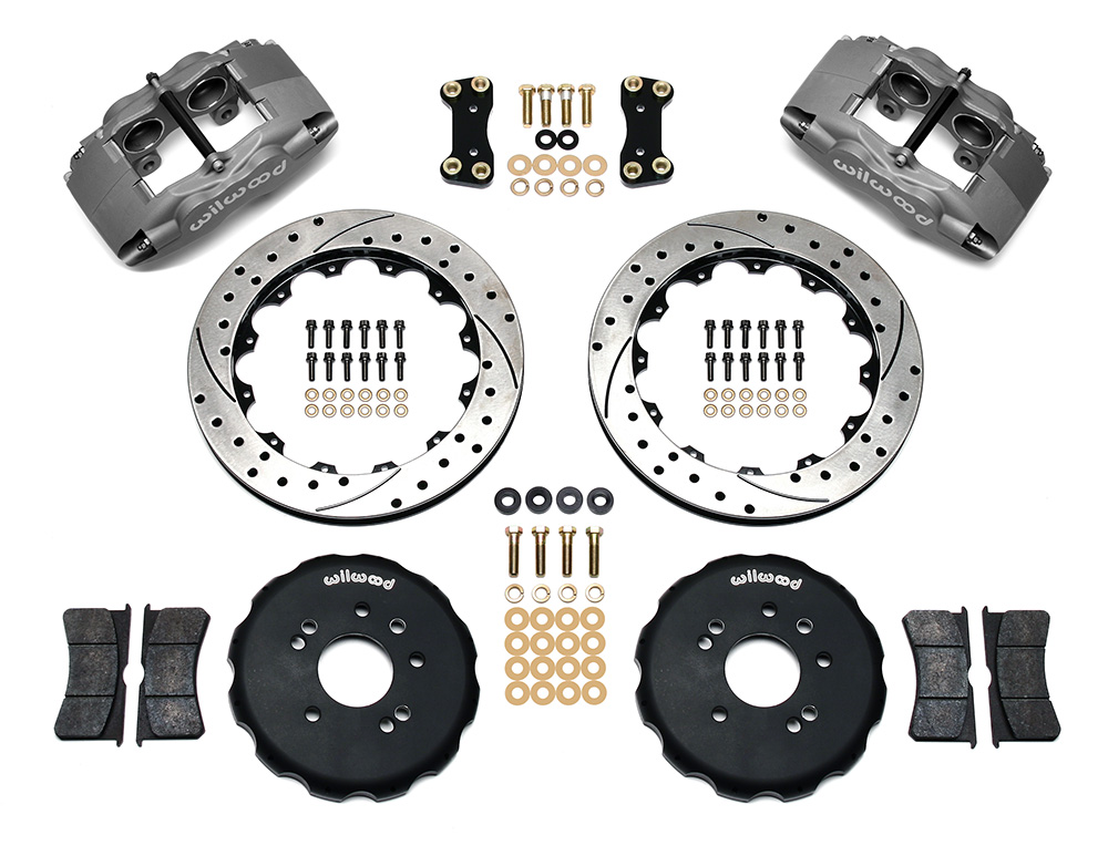 Wilwood Forged Superlite 4 Big Brake Front Brake Kit (Hat) Parts Laid Out - Type III Anodize Caliper - SRP Drilled & Slotted Rotor