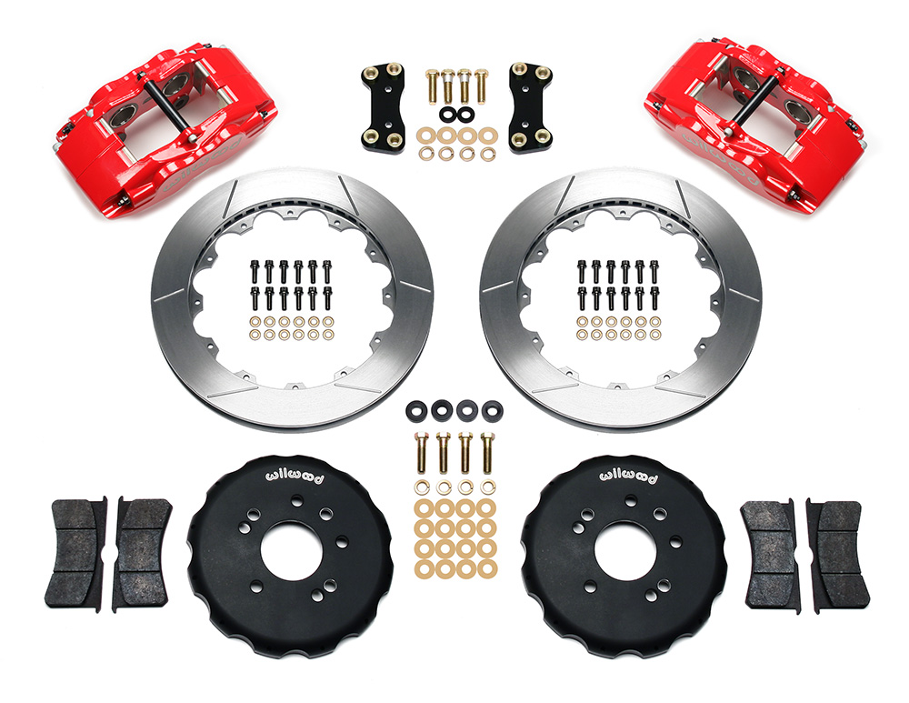 Wilwood Forged Superlite 4 Big Brake Front Brake Kit (Hat) Parts Laid Out - Red Powder Coat Caliper - GT Slotted Rotor