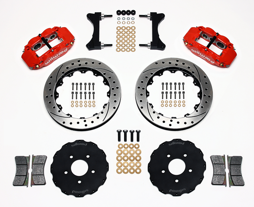 Wilwood Forged Narrow Superlite 6R Big Brake Front Brake Kit (Hat) Parts Laid Out - Red Powder Coat Caliper - SRP Drilled & Slotted Rotor