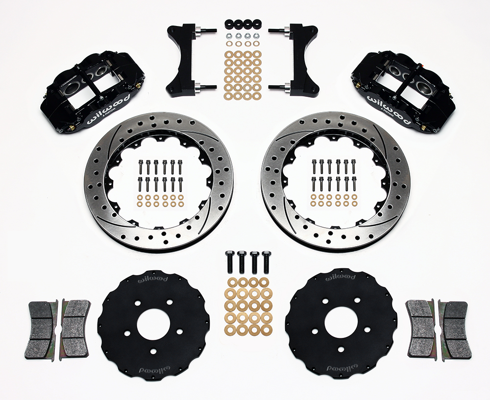 Wilwood Forged Narrow Superlite 6R Big Brake Front Brake Kit (Hat) Parts Laid Out - Black Powder Coat Caliper - SRP Drilled & Slotted Rotor