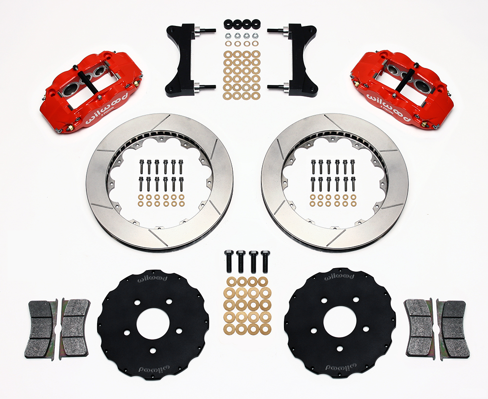 Wilwood Forged Narrow Superlite 6R Big Brake Front Brake Kit (Hat) Parts Laid Out - Red Powder Coat Caliper - GT Slotted Rotor