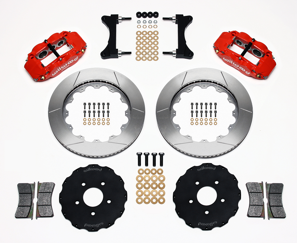 Wilwood Forged Narrow Superlite 6R Big Brake Front Brake Kit (Hat) Parts Laid Out - Red Powder Coat Caliper - GT Slotted Rotor