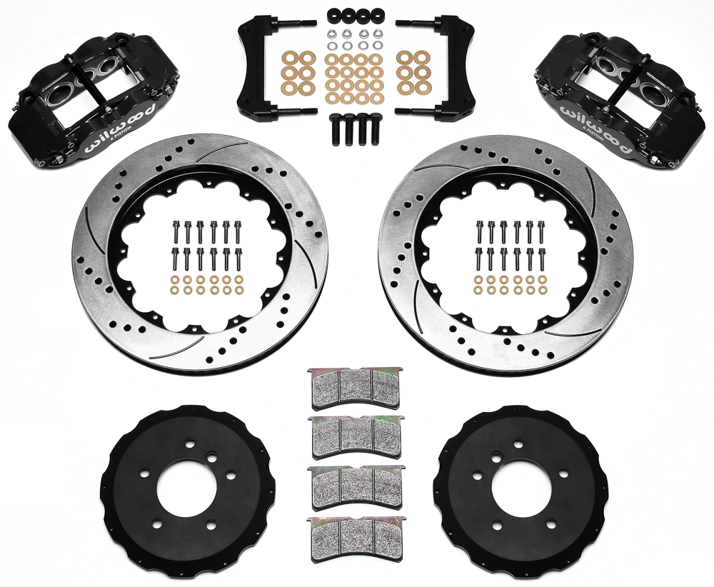 Wilwood Forged Narrow Superlite 6R Big Brake Front Brake Kit (Hat) Parts Laid Out - Black Powder Coat Caliper - SRP Drilled & Slotted Rotor