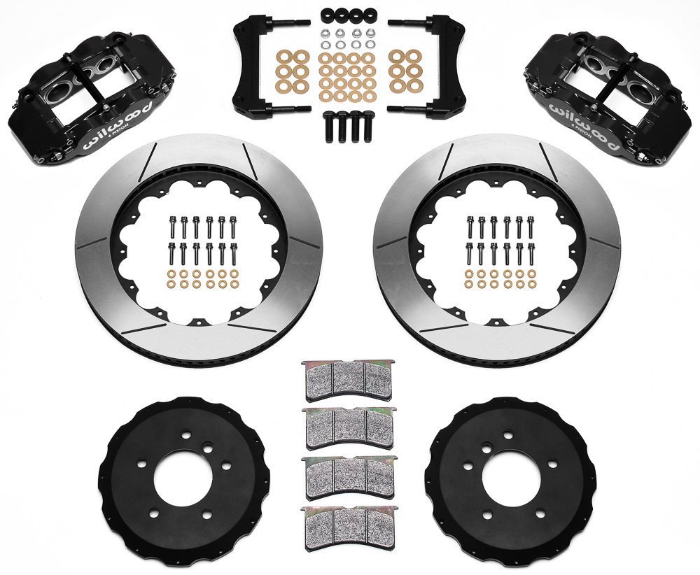 Wilwood Forged Narrow Superlite 6R Big Brake Front Brake Kit (Hat) Parts Laid Out - Black Powder Coat Caliper - GT Slotted Rotor