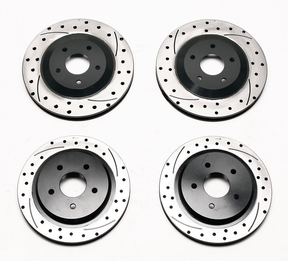 Wilwood Promatrix Front and Rear Replacement Rotor Kit Parts Laid Out - SRP Dimpled & Slotted Rotor