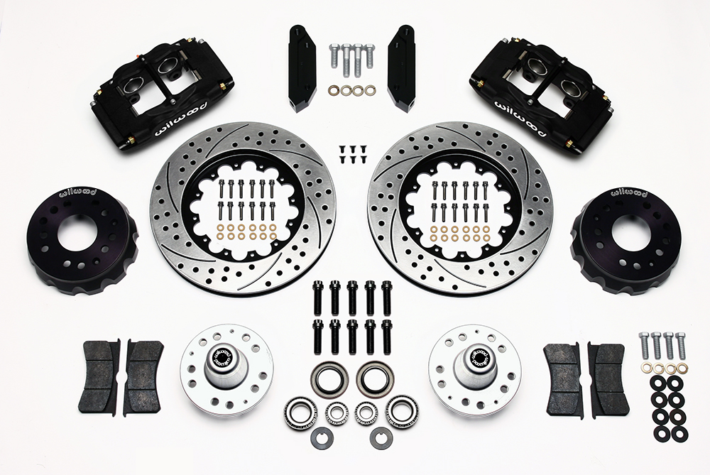 Wilwood Forged Superlite 4 Big Brake Front Brake Kit (Hub) Parts Laid Out - Type III Anodize Caliper - SRP Drilled & Slotted Rotor