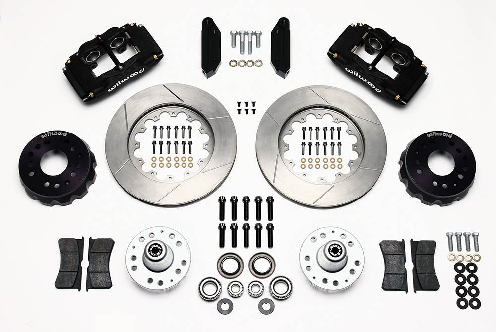 Wilwood Forged Superlite 4 Big Brake Front Brake Kit (Hub) Parts Laid Out - Type III Anodize Caliper - GT Slotted Rotor