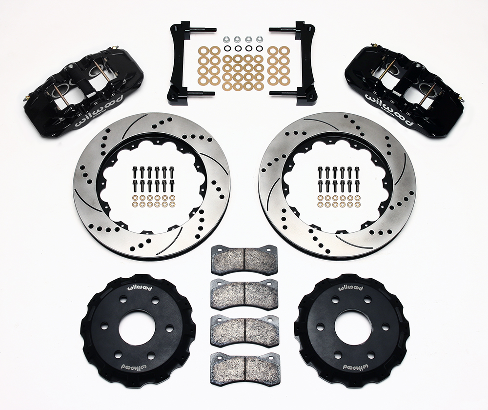 Wilwood AERO6 Big Brake Truck Front Brake Kit Parts Laid Out - Black Powder Coat Caliper - SRP Drilled & Slotted Rotor