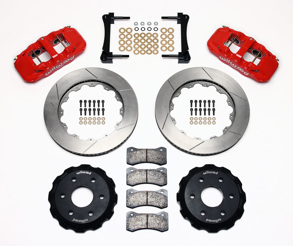 Wilwood AERO6 Big Brake Truck Front Brake Kit Parts Laid Out - Red Powder Coat Caliper - GT Slotted Rotor