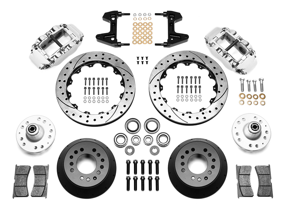 Wilwood Forged Narrow Superlite 6R Big Brake Front Brake Kit (Hub) Parts Laid Out - Polish Caliper - SRP Drilled & Slotted Rotor