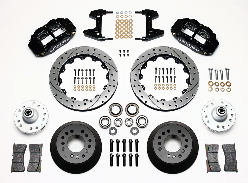 Wilwood Forged Narrow Superlite 6R Big Brake Front Brake Kit (Hub) Parts Laid Out - Black Powder Coat Caliper - SRP Drilled & Slotted Rotor