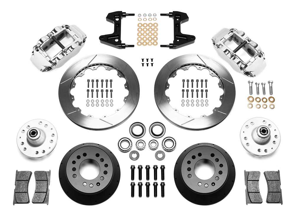 Wilwood Forged Narrow Superlite 6R Big Brake Front Brake Kit (Hub) Parts Laid Out - Polish Caliper - GT Slotted Rotor