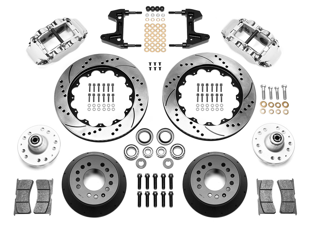 Wilwood Forged Narrow Superlite 6R Big Brake Front Brake Kit (Hub) Parts Laid Out - Polish Caliper - SRP Drilled & Slotted Rotor