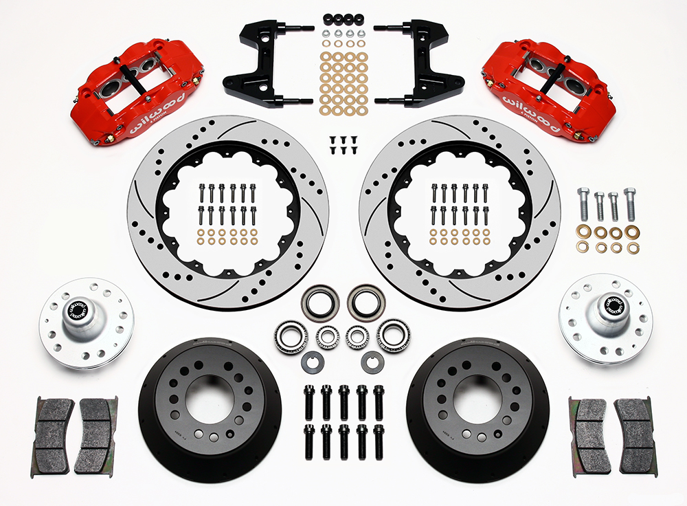 Wilwood Forged Narrow Superlite 6R Big Brake Front Brake Kit (Hub) Parts Laid Out - Red Powder Coat Caliper - SRP Drilled & Slotted Rotor