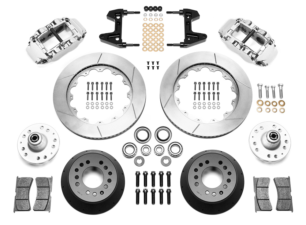 Wilwood Forged Narrow Superlite 6R Big Brake Front Brake Kit (Hub) Parts Laid Out - Polish Caliper - GT Slotted Rotor