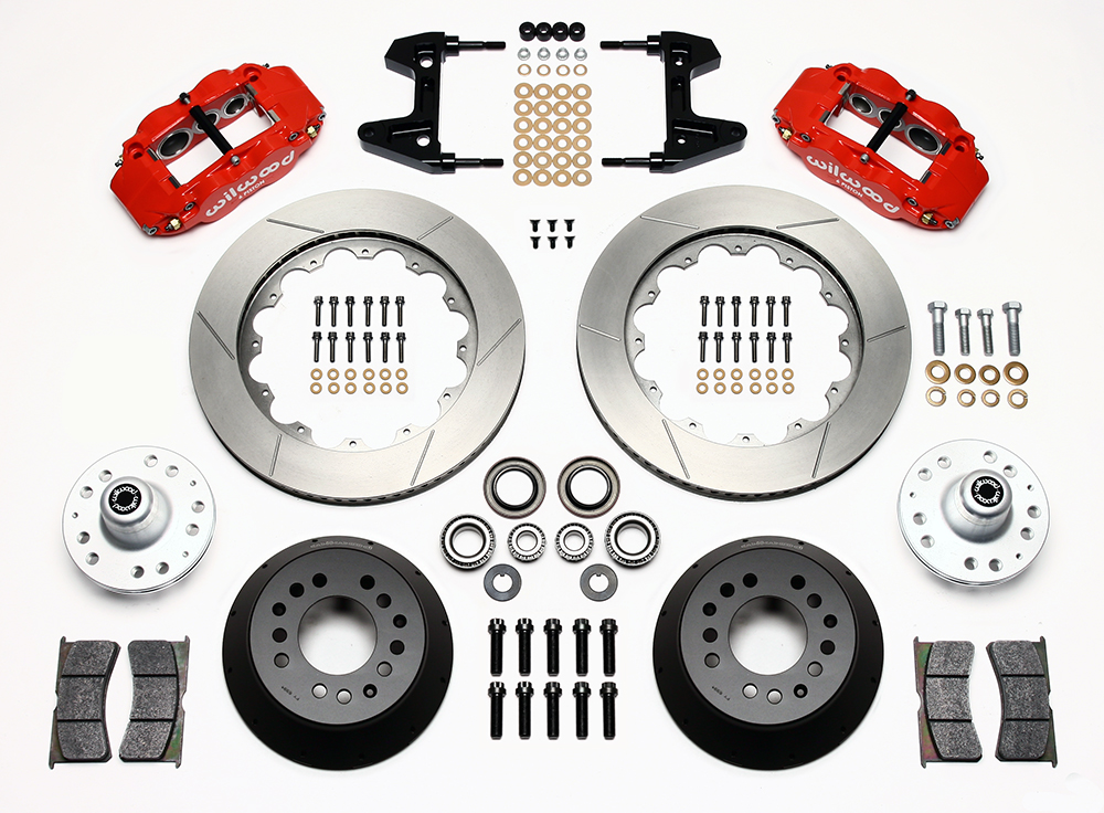 Wilwood Forged Narrow Superlite 6R Big Brake Front Brake Kit (Hub) Parts Laid Out - Red Powder Coat Caliper - GT Slotted Rotor