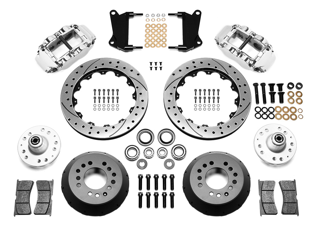 Wilwood Forged Narrow Superlite 6R Big Brake Front Brake Kit (Hub) Parts Laid Out - Polish Caliper - SRP Drilled & Slotted Rotor