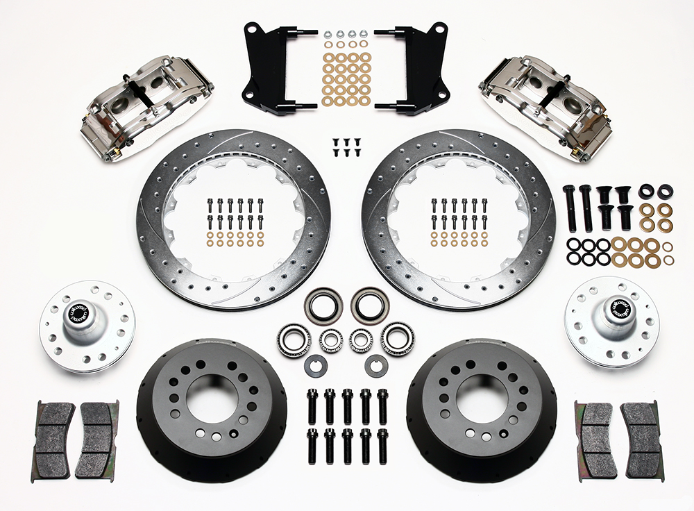 Wilwood Forged Narrow Superlite 6R Big Brake Front Brake Kit (Hub) Parts Laid Out - Polish Caliper - SRP Drilled & Slotted Rotor