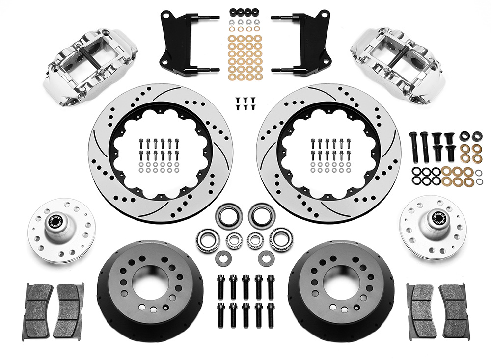 Wilwood Forged Narrow Superlite 6R Big Brake Front Brake Kit (Hub) Parts Laid Out - Polish Caliper - SRP Drilled & Slotted Rotor