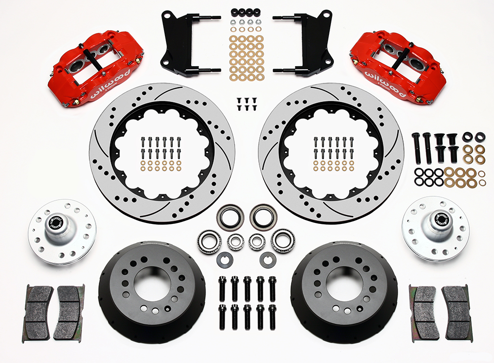 Wilwood Forged Narrow Superlite 6R Big Brake Front Brake Kit (Hub) Parts Laid Out - Red Powder Coat Caliper - SRP Drilled & Slotted Rotor