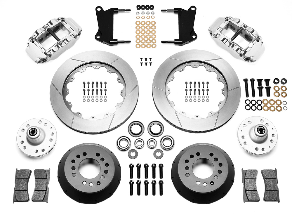 Wilwood Forged Narrow Superlite 6R Big Brake Front Brake Kit (Hub) Parts Laid Out - Polish Caliper - GT Slotted Rotor