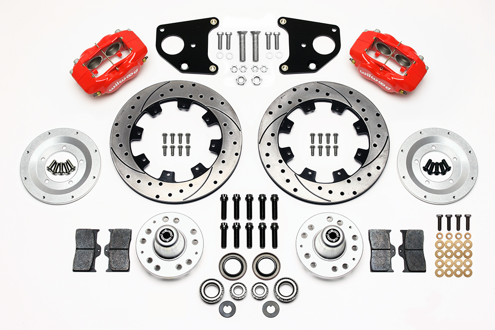 Wilwood Forged Dynalite Big Brake Front Brake Kit (Hub) Parts Laid Out - Red Powder Coat Caliper - SRP Drilled & Slotted Rotor