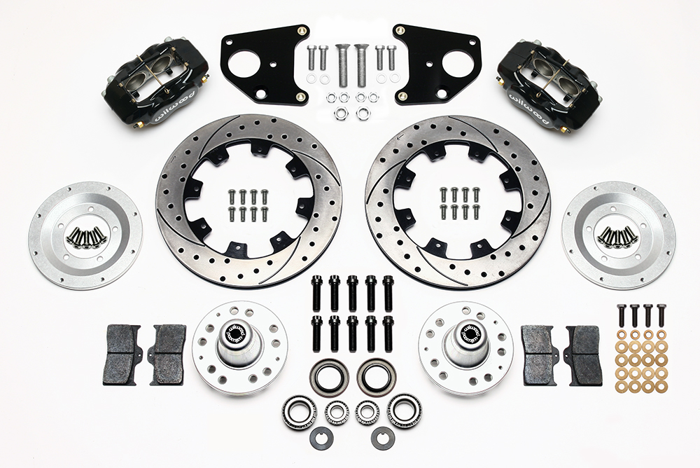 Wilwood Forged Dynalite Big Brake Front Brake Kit (Hub) Parts Laid Out - Black Powder Coat Caliper - SRP Drilled & Slotted Rotor