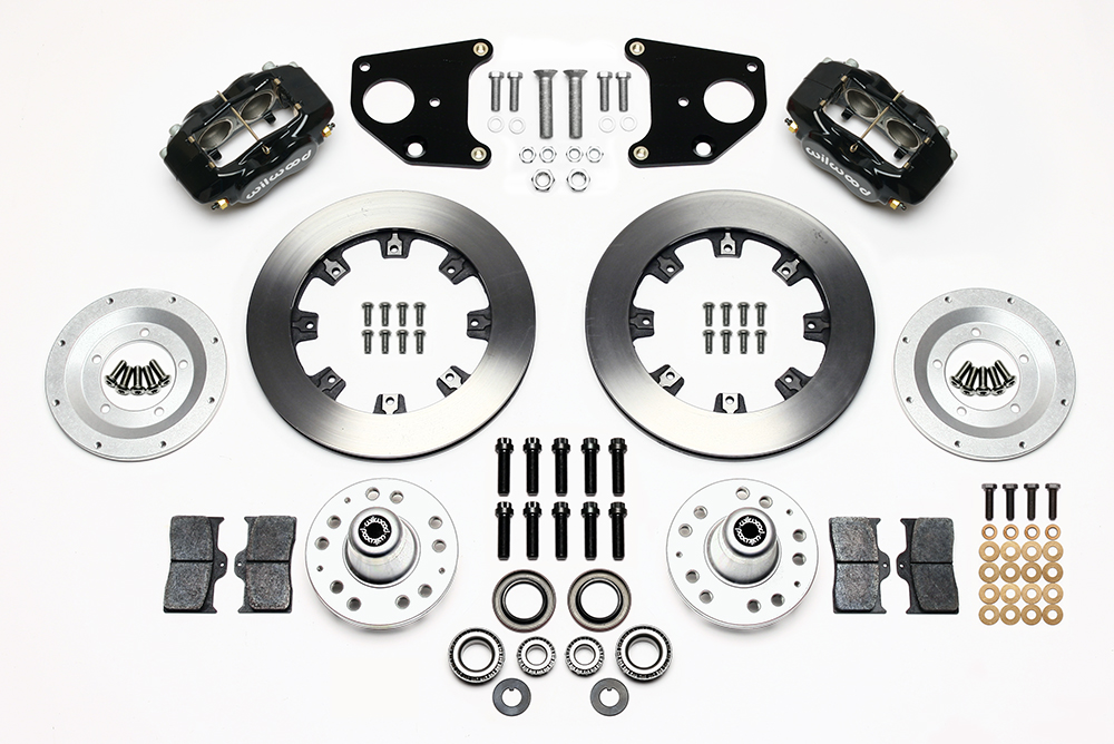 Wilwood Forged Dynalite Big Brake Front Brake Kit (Hub) Parts Laid Out - Black Powder Coat Caliper - Plain Face Rotor