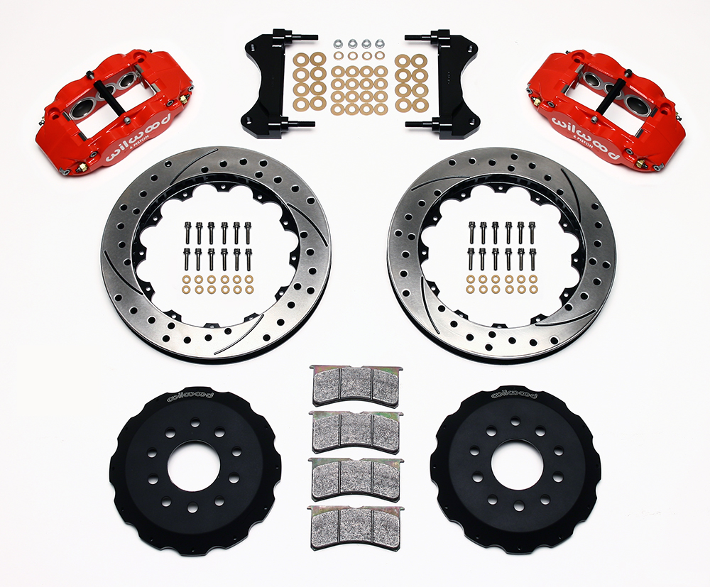 Wilwood Forged Narrow Superlite 6R Big Brake Front Brake Kit (Hat) Parts Laid Out - Red Powder Coat Caliper - SRP Drilled & Slotted Rotor