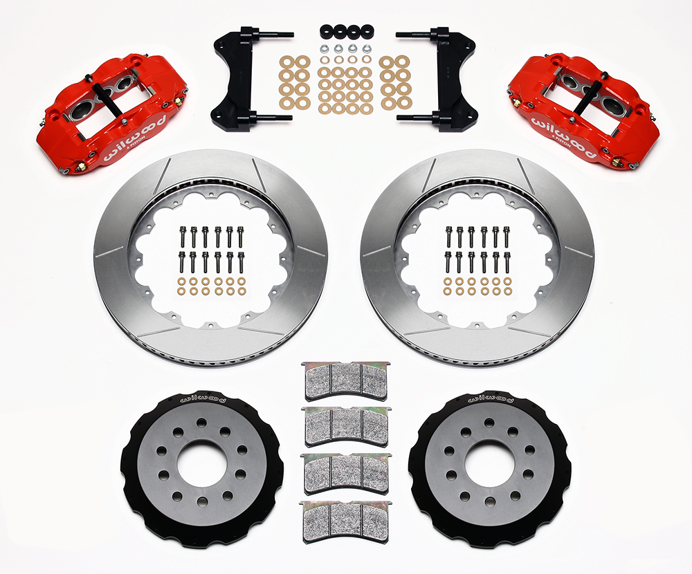 Wilwood Forged Narrow Superlite 6R Big Brake Front Brake Kit (Hat) Parts Laid Out - Red Powder Coat Caliper - GT Slotted Rotor